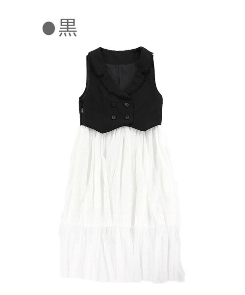 Bobon21（ボボンニジュウイチ）の「チュール切り替えロングジレ-全２色-（ワンピース・レディース・ピンク/ブラック・S/M/L）」の2枚目の写真