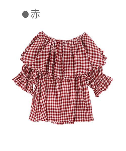 Bobon21（ボボンニジュウイチ）の「ギンガムチェック柄フレアトップス-全２色-（シャツ/ブラウス・レディース・ブラック/レッド・Free）」の2枚目の写真