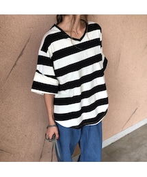 copine | BIGシルエット！袖ロールアップ太ボーダーTシャツ【クリックポスト対象商品】(Tシャツ/カットソー)