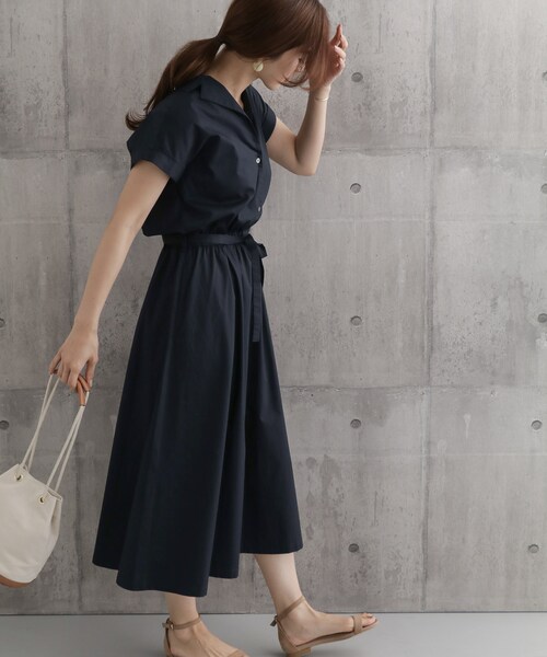 【新品】アーバンリサーチドアーズ オープンカラーシャツワンピース 紺 F 洗える URBAN RESEARCH DOORS（アーバンリサーチドアーズ）の「オープン