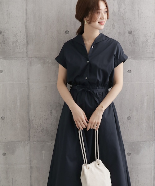 美品 アーバンリサーチドアーズ オープンカラー シャツワンピース F ネイビー 美品 アーバンリサーチドアーズ オープンカラーシャツワンピース