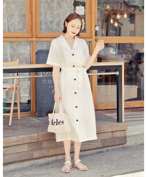 HOTPING（ホッピン）の「ストラップSETリネン混ボタンワンピース（ドレス・レディース・Green/White/Beige・XS-S/M-L/XL-2XL）」の2枚目の写真