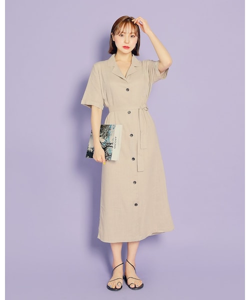 HOTPING（ホッピン）の「ストラップSETリネン混ボタンワンピース（ドレス・レディース・Green/White/Beige・XS-S/M-L/XL-2XL）」の3枚目の写真