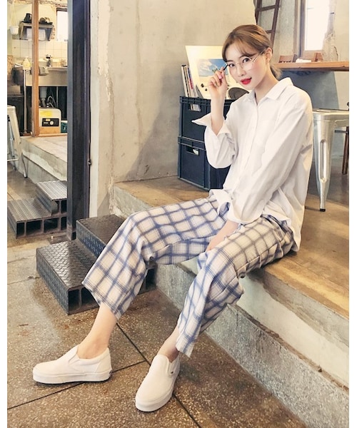 HOTPING（ホッピン）の「ウエストゴムチェックワイドパンツ（その他パンツ・レディース・Yellow/White/Black/Green・フリーサイズ）」の2枚目の写真