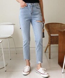 DHOLIC | ダメージカットスリムライトブルーデニムパンツ(デニムパンツ)