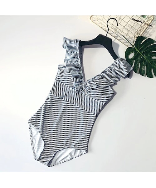 no brand（ノーブランド）の「ストライプ フリル ワンピース水着