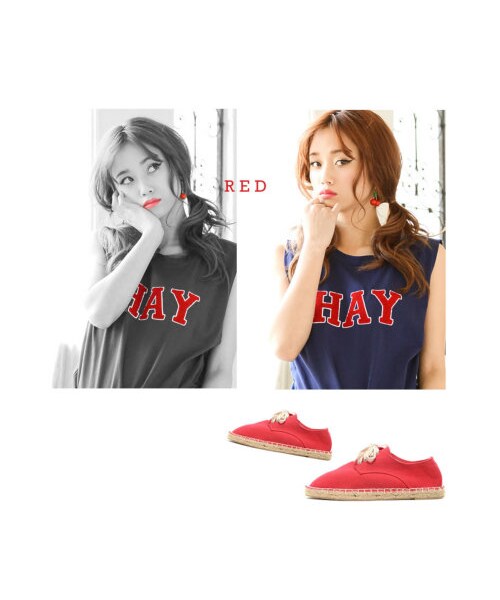 Re:EDIT（リエディ）の「[2014S/S展示会]エスパドリーユレースアップシューズスニーカー（シューズ・レディース・ブラック/ホワイト/クリームピンク/ピンク/レッド/クリームブルー/オーシャンブルー/クリームイエロー/グリーン/ギンガムブラック/ギンガムブルー/ギンガムピンク/ボーダーブラック/ボーダーブルー/ガーベラ柄/花柄ブラック/花柄ホワイト/ブルーデニム/ホワイトデニム/花柄ネイビー・XXS/XS/S/M/L/LL/3L）」の8枚目の写真