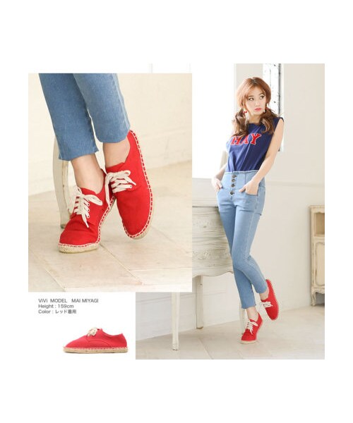 Re:EDIT（リエディ）の「[2014S/S展示会]エスパドリーユレースアップシューズスニーカー（シューズ・レディース・ブラック/ホワイト/クリームピンク/ピンク/レッド/クリームブルー/オーシャンブルー/クリームイエロー/グリーン/ギンガムブラック/ギンガムブルー/ギンガムピンク/ボーダーブラック/ボーダーブルー/ガーベラ柄/花柄ブラック/花柄ホワイト/ブルーデニム/ホワイトデニム/花柄ネイビー・XXS/XS/S/M/L/LL/3L）」の9枚目の写真