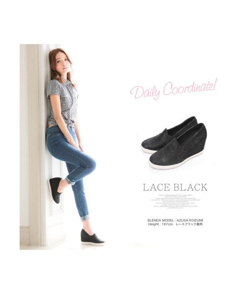 Re:EDIT（リエディ）の「CHICMUSE シックミューズ [CHICMUSE]美脚+8.5cmインヒールスリッポンスニーカー（シューズ・レディース・ブラック/ホワイト/コーラルピンク/ブルー/クリームブルー/ネイビーデニム/ブルーデニム/ストライプブルー/ストライプネイビー/ストライプレッド/レースホワイト/レースブラック/ブラックキャンバスPU/ホワイトキャンバスPU/ブルーキャンバスPU/ピンクキャンバスPU/グレーキャンバスPU/イエローキャンバスPU/レッドキャンバスPU/オーロラ・S/M/L/LL）」の12枚目の写真