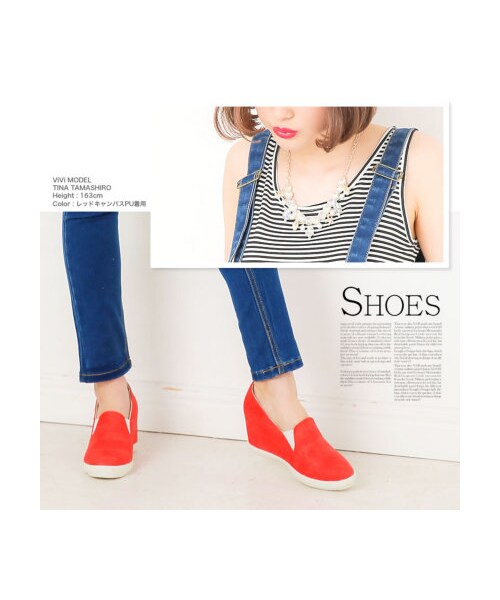 Re:EDIT（リエディ）の「CHICMUSE シックミューズ [CHICMUSE]美脚+8.5cmインヒールスリッポンスニーカー（シューズ・レディース・ブラック/ホワイト/コーラルピンク/ブルー/クリームブルー/ネイビーデニム/ブルーデニム/ストライプブルー/ストライプネイビー/ストライプレッド/レースホワイト/レースブラック/ブラックキャンバスPU/ホワイトキャンバスPU/ブルーキャンバスPU/ピンクキャンバスPU/グレーキャンバスPU/イエローキャンバスPU/レッドキャンバスPU/オーロラ・S/M/L/LL）」の8枚目の写真