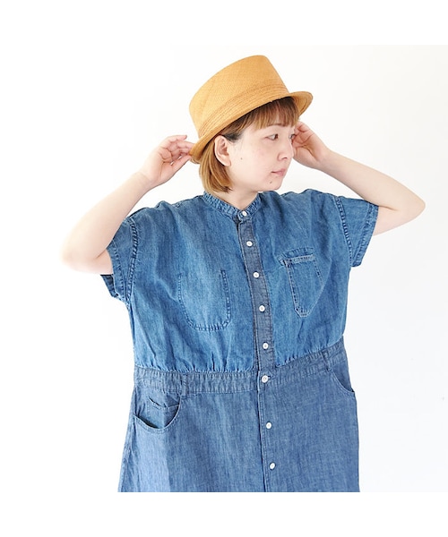クリップタブ clip.tab リネン ワンピース バンドカラー 麻 ナチュラン 定価1.2万】クリップタブ Clip.tab *リネンギンガムバンドカラー