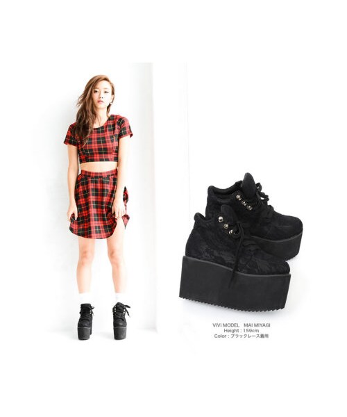 Re:EDIT（リエディ）の「[2014S/S展示会]【新色追加】ギザギザシャークソール美脚超厚底プラットフォームレースアップフェイクレザースニーカーシューズ（シューズ・レディース・ブラック/ホワイト/キャメル/ネイビー/レオパード/バーガンディ/ホワイト×ブラック/ブラック×ホワイト/ブロックチェック/イエロー×ホワイト/ピンク×ホワイト/グリーン×ホワイト/オーロラ×ホワイト/レースブラック/レースホワイト・S(002)/M(003)/L(004)/LL(005)）」の5枚目の写真