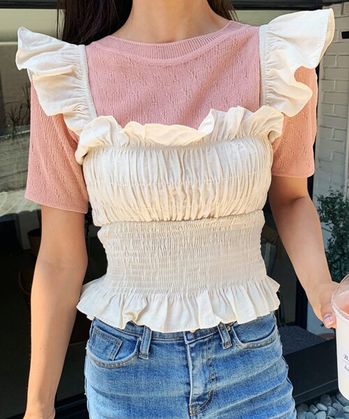 DHOLIC（ディーホリック）の「シースルースリム半袖ニット（ニット/セーター・レディース・ホワイト/ピンク/ブルー/ブラック・FREE）」の4枚目の写真