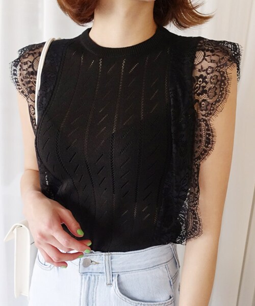 DHOLIC（ディーホリック）の「サイドレースパンチングスリーブレス（タンクトップ・レディース・ホワイト/ブラック・FREE）」の2枚目の写真