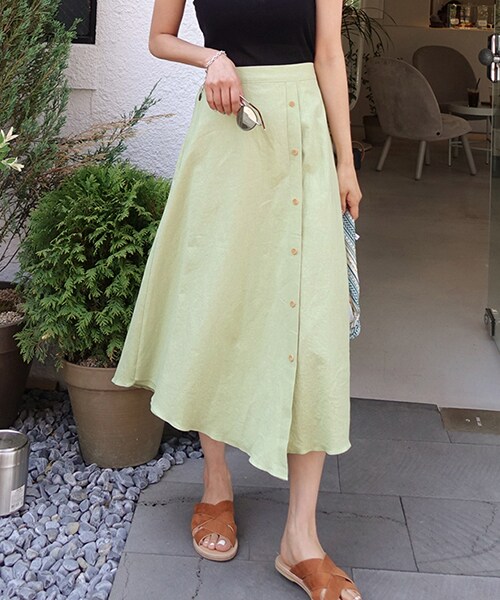 DHOLIC（ディーホリック）の「リネン混ボタンフレアスカート（スカート・レディース・ホワイト/グリーン・FREE）」の2枚目の写真