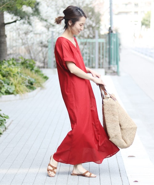【美品】FRAMeWORK フィブリルポプリンサックワンピース レッド38 FRAMeWORK - FRAMeWORK フィブリルポプリンサックワンピース38