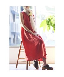 【美品】ポンデシャロン ドット柄 リネン ノースリーブ ワンピース 美品】ポンデシャロン ドット柄 リネン ノースリーブ ワンピース