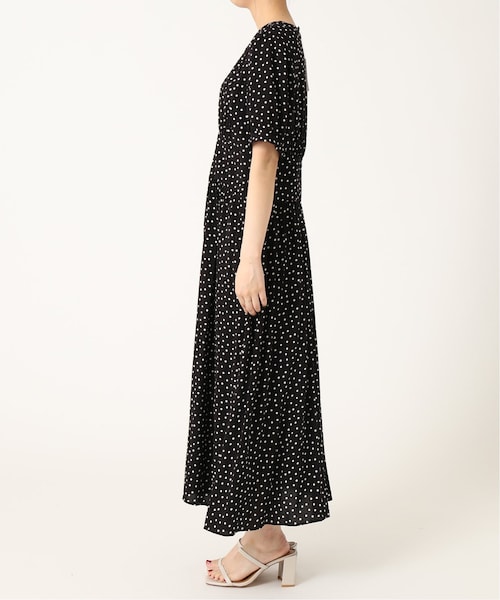 Spick & Span ドットVシャーリングドレス ロングワンピース 黒