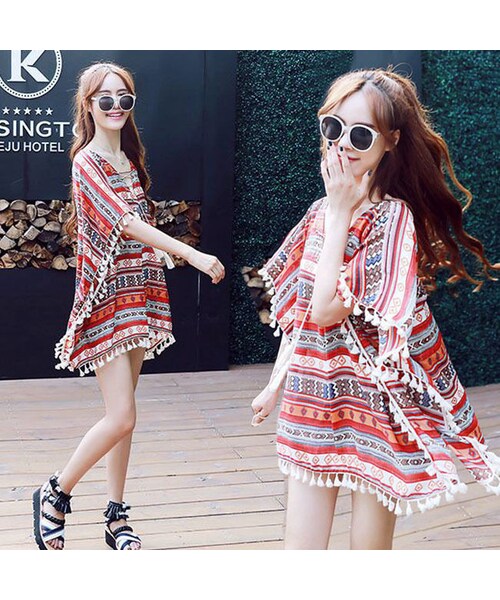 No Brand ノーブランド の フリンジ飾りボヘミアンポンチョ型マタニティワンピース マタニティウェア グッズ Wear