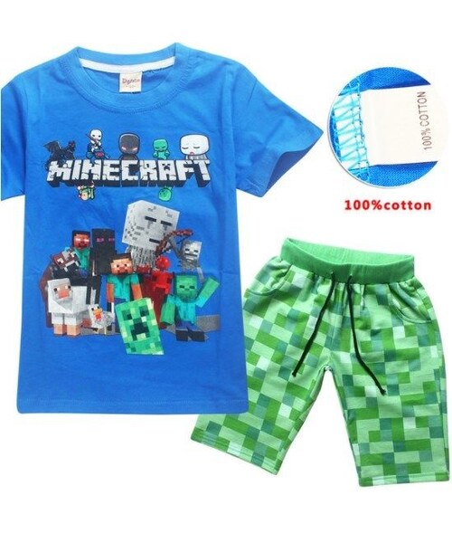 No Brand ノーブランド の マインクラフト Minecraft 子供服 半袖パジャマ上下 ユニセックス カジュアル半袖tシャツ トップス マイクラ ブルー Tシャツ カットソー Wear