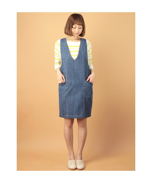 w closet（ダブルクローゼット）の「7.5ozスラブデニムジャンパースカート（ワンピース/ドレス・レディース・ブルー/ワンウォッシュ/ホワイト/ヒッコリー・FREE）」の13枚目の写真