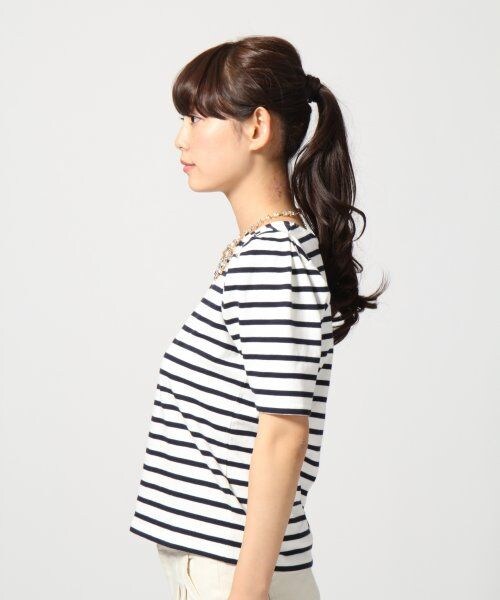 LOWRYS FARM(ローリーズファーム)の「コットンボーダーパワショルプルオーバーショートスリーブ(トップス・レディース・オフ/グレー/ネイビー・M/L)」の4枚目の写真