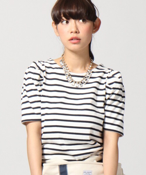 LOWRYS FARM(ローリーズファーム)の「コットンボーダーパワショルプルオーバーショートスリーブ(トップス・レディース・オフ/グレー/ネイビー・M/L)」の1枚目の写真