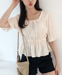 DHOLIC | スクエアネックゴムディテールブラウス(シャツ/ブラウス)