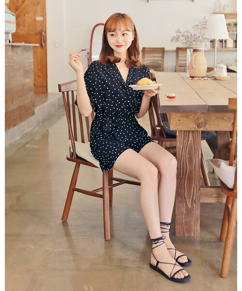HOTPING(ホッピン)の「ストラップSETドットショートオールインワン(つなぎ/オールインワン・レディース・Black・XS-S/M/L)」の1枚目の写真