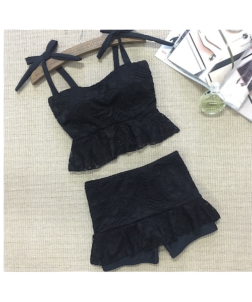 no brand（ノーブランド）の「ビスチェ  フリルキャミソール 花柄 レース 水着   タンキニ    フリル リボン 紺 ネイビー  大人可愛い リゾート プール 海 夏（水着・レディース・その他）」の8枚目の写真