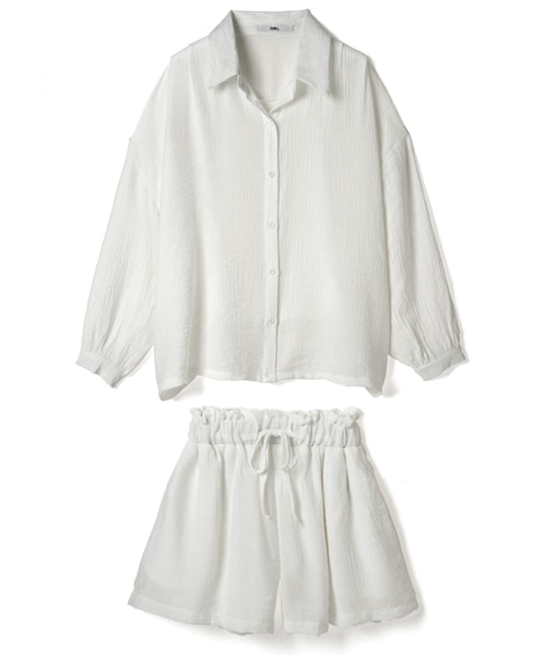 GRL（グレイル）の「オーバーシャツ×ウエストフリルショートパンツセットアップ（セットアップ・レディース・ベージュ/オフホワイト・M）」の2枚目の写真
