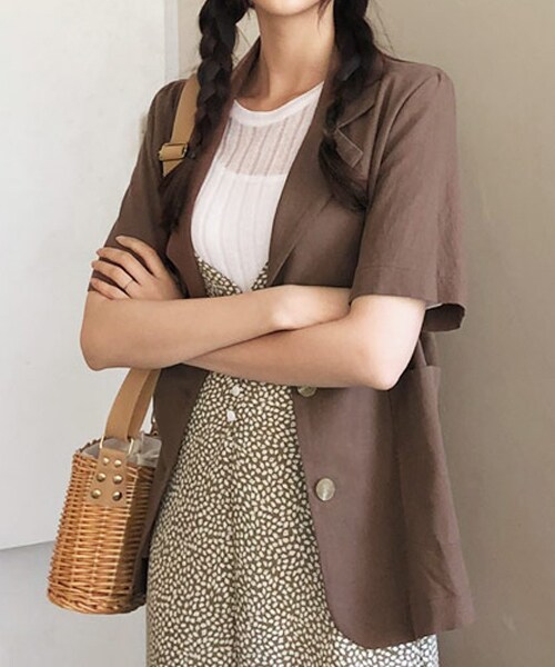 DHOLIC（ディーホリック）の「半袖リネン混シングルジャケット（テーラードジャケット・レディース・ホワイト/ブラウン/ベージュ・FREE）」の2枚目の写真