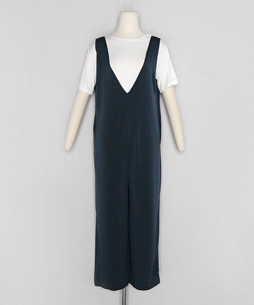 DHOLIC(ディーホリック)の「シャツSETワイドVネックオールインワン(つなぎ/オールインワン・レディース・グリーン/ブラック・FREE)」の1枚目の写真