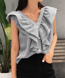 DHOLIC | 2TYPEフリルVネックボタンスリーブレス(タンクトップ)