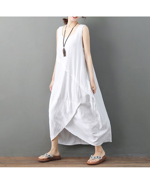 No Brand ノーブランド の レディース 純色白 黒 綿 ワンピース 着痩せ 大きい ワンピース Wear