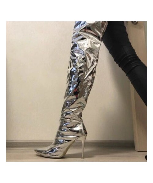 no brand（ノーブランド）の「シルバー ロングブーツ サイハイブーツ