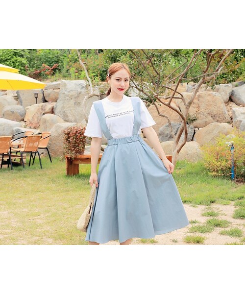 HOTPING(ホッピン)の「ウエストゴムサスペンダーフレアワンピース(ワンピース・レディース・Blue/Beige・XS-S/M-L/L-XL)」の1枚目の写真