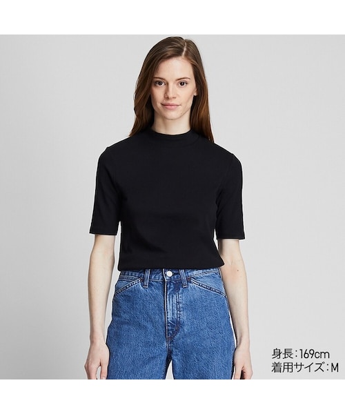 UNIQLO（ユニクロ）の「コットンフライスハイネックT（5分袖）（Tシャツ/カットソー・レディース・WHITE 00/BLACK 09/GRAY 03/BROWN 36/DARK GREEN 59/DARK GRAY 08/PINK 12/NAVY 69・M/L/XXL/XL/XS/3XL/S）」の2枚目の写真
