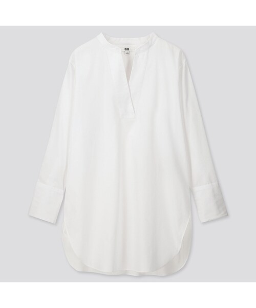 UNIQLO（ユニクロ）の「エクストラファインコットンVネックロングシャツ（長袖）（シャツ/ブラウス・レディース・NAVY 69/WHITE 00/BEIGE 32・L/XL/S/M/3XL/XXL/XS）」の2枚目の写真