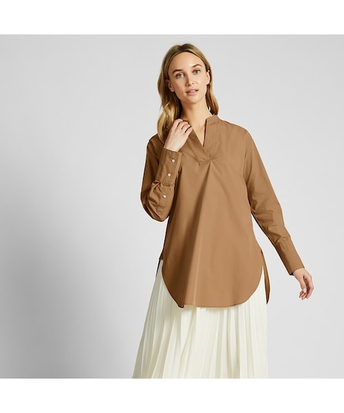 UNIQLO（ユニクロ）の「エクストラファインコットンVネックロングシャツ（長袖）（シャツ/ブラウス・レディース・NAVY 69/WHITE 00/BEIGE 32・L/XL/S/M/3XL/XXL/XS）」の3枚目の写真