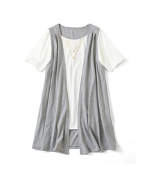 Live in comfort | リブ イン コンフォート 体形カバーと着映えはおまかせ カシュクールにもなる ジレドッキングTシャツ〈杢グレー〉(トップス)