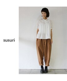 【美品】 susuri ススリ　ボアーパンツ　テーパード　シンチベルト　オーク susuri（ススリ）の「susuri ススリ ボアーパンツ ♯ork 【送料