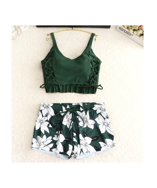 no brand(ノーブランド)の「レースアップ 花柄 ショートパンツ付き 水着 体型カバー タンキニ ビキニ 大人可愛い 海 夏 緑 グリーン カーキ(水着・レディース・その他)」の6枚目の写真