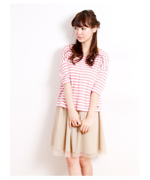 SEVENDAYS=SUNDAY(セブンデイズサンデイ)の「ドロップボーダー7分袖プルオーバー(カットソー・レディース・チャコールグレー/ピンク/グリーン/ブルー/ネイビー・F)」の5枚目の写真