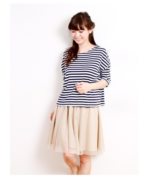 SEVENDAYS=SUNDAY(セブンデイズサンデイ)の「ドロップボーダー7分袖プルオーバー(カットソー・レディース・チャコールグレー/ピンク/グリーン/ブルー/ネイビー・F)」の4枚目の写真