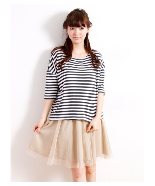 SEVENDAYS=SUNDAY(セブンデイズサンデイ)の「ドロップボーダー7分袖プルオーバー(カットソー・レディース・チャコールグレー/ピンク/グリーン/ブルー/ネイビー・F)」の1枚目の写真