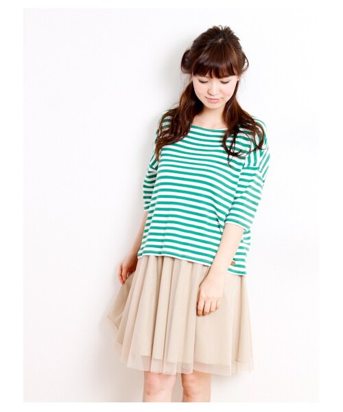 SEVENDAYS=SUNDAY(セブンデイズサンデイ)の「ドロップボーダー7分袖プルオーバー(カットソー・レディース・チャコールグレー/ピンク/グリーン/ブルー/ネイビー・F)」の6枚目の写真