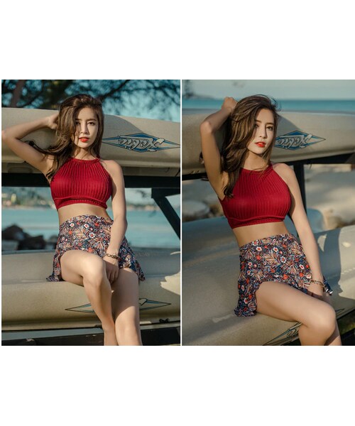 no brand(ノーブランド)の「タンキニ フリル 花柄 かわいい スカート 三点セット バンドゥビキニ 水着 体型カバー ビキニ 大人可愛い 海 夏 赤 ワインレッド(水着・レディース・その他)」の5枚目の写真