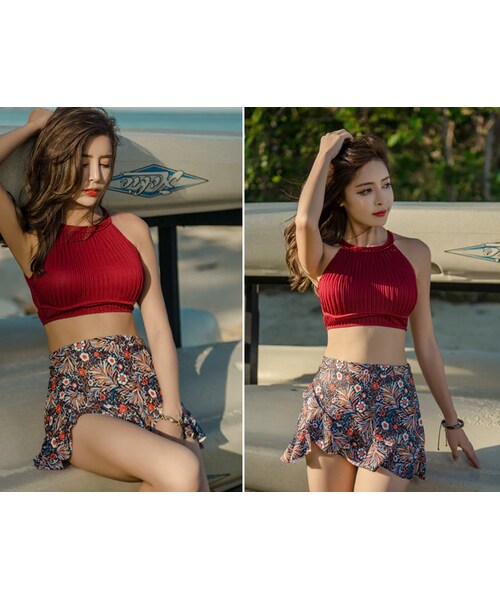 no brand(ノーブランド)の「タンキニ フリル 花柄 かわいい スカート 三点セット バンドゥビキニ 水着 体型カバー ビキニ 大人可愛い 海 夏 赤 ワインレッド(水着・レディース・その他)」の6枚目の写真