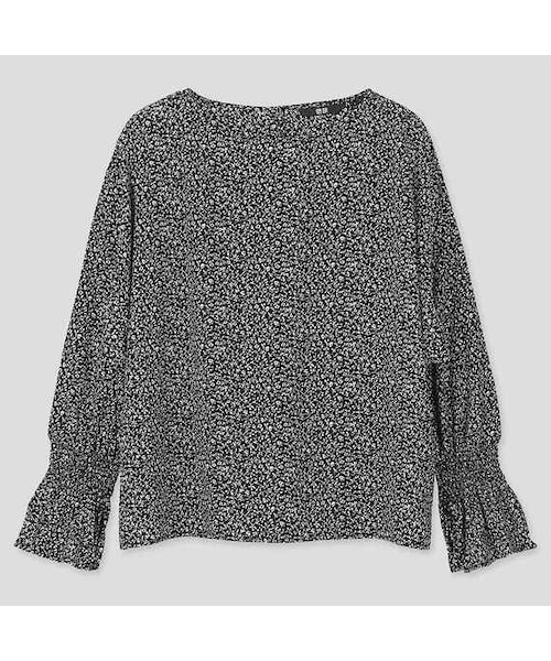 UNIQLO（ユニクロ）の「プリントボリュームスリーブブラウス（長袖）（シャツ/ブラウス・レディース・OFF WHITE 01/BLACK 09・M/L/XXL/XS/3XL/XL/S）」の2枚目の写真